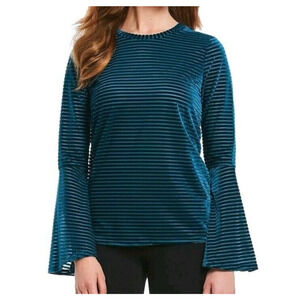 Michael Kors Burnout Velvet Mesh Top Sz XL Teal Blue Bell Sleeve Stretch Blouse